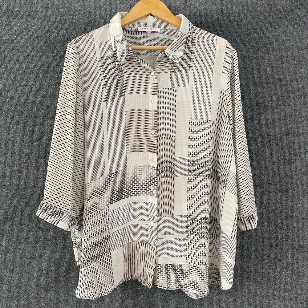Rose + Olive Womens Mixed Print Button Up Top Size 2X Cream Tan 3/4 Sleeve